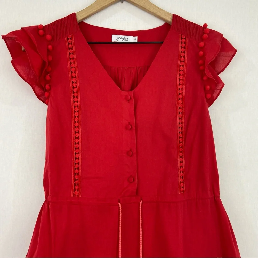 Boutique Large Red Tiered Pom Pom Ruffle Midi Dress - Picture 5 of 12